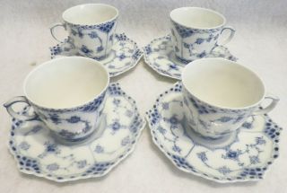 Antique Royal Copenhagen Set Of 4 Demi Blue Fluted Half Lace Cup Saucer Set 1st