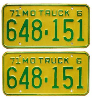 Vintage Missouri 1971 Truck License Plate Pair,  648 151,  Beauties