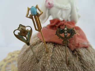Vintage Art Deco Enamel,  Blue Stones Gold Plated Stick Pins Set 3