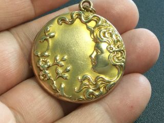Antique Vintage Art Nouveau Lady With Flowing Hair & Flowers Gold Filled Locket