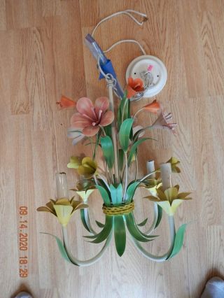 Vtg Shabby Chic Italian Metal Tole 4 Arm Flowers Chandelier Lamp