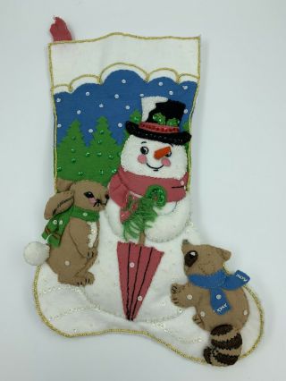 Vintage Bucilla Hand - Made Embellished Christmas Stocking - Frosty & Friends