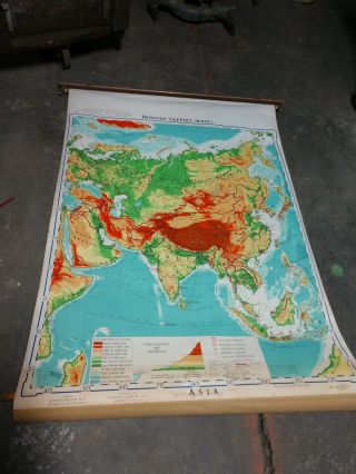 Reclaimed 1961 Pull Down School Map Retractable Asia Denoyer Geppert 43.  5 X 63