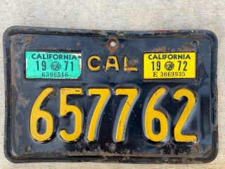 1963 California Motorcycle License Plate Black & Yellow Vintage 1971 - 72 Tags