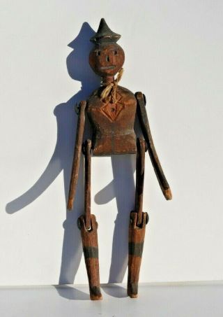 Antique Hand Carved Wood Jointed Folk Art Dancer Doll With Surface