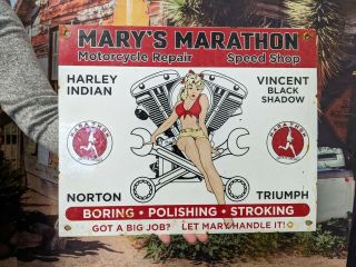 Old Vintage Marathon Harley Indian Motorcycle Repair Porcelain Enamel Gas Sign