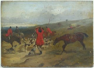 Antique C19th Victorian Oil Painting On Wood Panel Fox Hunting Hunt Scene C1860