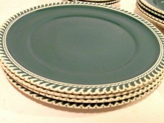 4 Vintage Harker Pottery Corinthian Teal Green White Rim 10.  25” Dinner Plates.