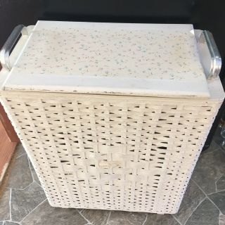 Vintage Wicker Clothes Hamper Wood White Metal Handles Large 27 " Tall 20 " Wide