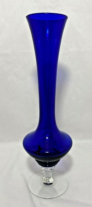 Enesco Floral Bud Vase Cobalt Blue To Clear Glass Twisted Stem Base 11 " H Vintage