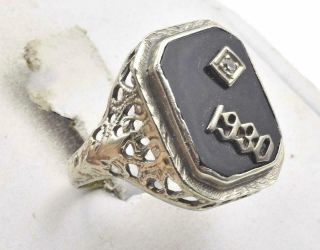 Antique Art Deco 10k White Gold Diamond & Black Onyx Ladies 1930 filigree ring 2