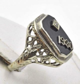 Antique Art Deco 10k White Gold Diamond & Black Onyx Ladies 1930 filigree ring 3