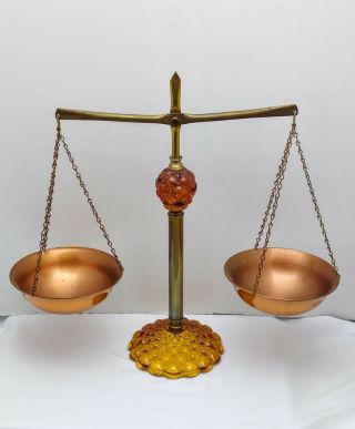 Vintage Amber Diamond Quilted Glass,  Brass And Copper Scale Of Justice