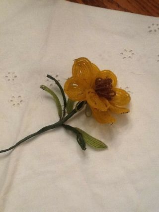 11 1/2 " Pale Orange & Brown Vintage French Beaded Flower 3 1/2 " - 4 " Wide
