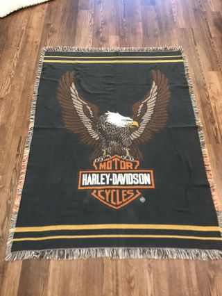 Vintage Rare Harley Davidson Woven Throw Blanket Tapestry 65x48 Eagle Usa