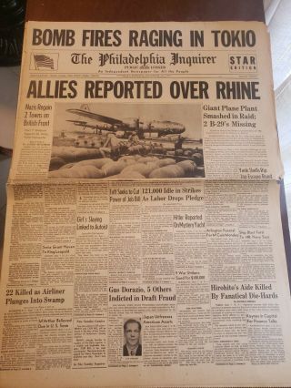 Vintage Newspaper,  The Philadelphia Inquirer Bomb Fires Ranging In Tokyo