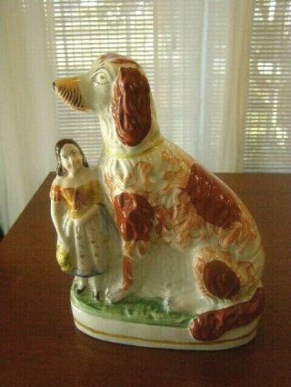 Antique 19th Century Staffordshire Dog With Girl Large 11 3/4 "