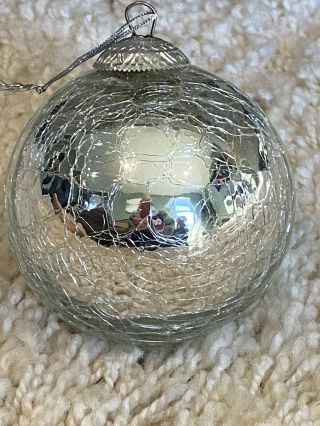 Vintage Kugel Style Silver Crackle Glass Ornament Christmas Brass 3.  5” Ball