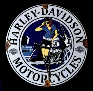 Vintage 1950’s Harley Davidson Motorcycle 12”porcelain Sign Car Gas Oil