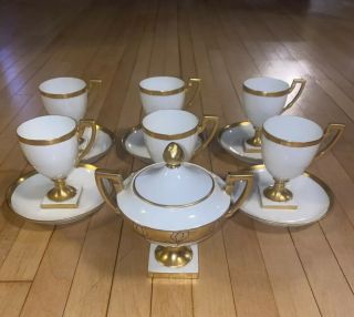 Antique Jean Pouyat Limoges Gilt Band Square Pedestal Base Tea Set 14 Piece Set