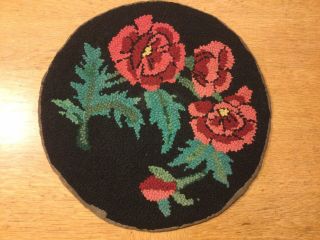 Vtg Wool Chair Pad Hand - Hooked Rug Pink & Green Floral W/black Background 14.  5”