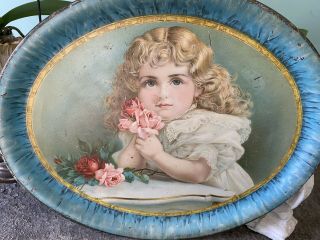 Antique 1800’s Lithographed Tin Large Oval Serving Tray Little Girl Roses 14