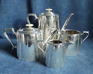 4 Piece Silver Plate Engraved Tea & Coffee Set C1890
