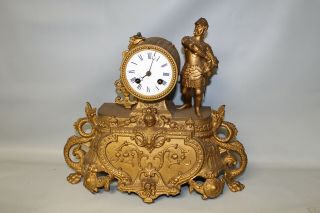 Antique French Gilt Metal Figural Mantle Clock W/ Soldier