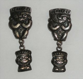 Vintage 0900 Silver Aztec Maya Inca Dangling Earrings Bogota Colombia
