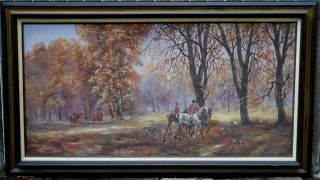 Large,  Antique,  Impressionist Painting.  Listed Artist Akos Tolnay Fox Hunt 48x24