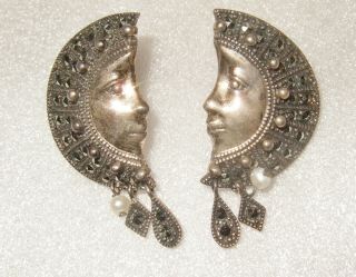 Vintage Sparkling 925 Sterling Half Moon Faces Pearl Marcasite Post Earrings