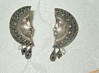 Vintage Sparkling 925 Sterling Half Moon Faces Pearl Marcasite Post Earrings 2