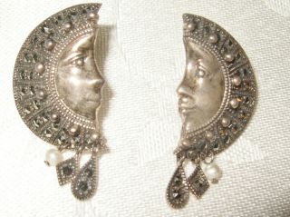 Vintage Sparkling 925 Sterling Half Moon Faces Pearl Marcasite Post Earrings 3