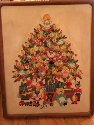 Vtg Framed Christmas Tree Hand Made Crewel Embroidery Picture