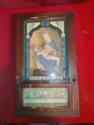 Antique Pieta Altar Religious Shadow Box Chalkware Santo 1909