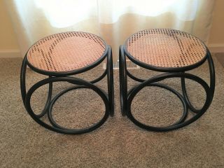Set Of 2 Mid Century Thonet Style Bentwood Cane Rattan Foot Stool Ottoman Table