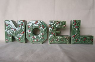 Vintage Lipper Mann Ceramic Noel Christmas Letters Candleholders Set In Orig Box