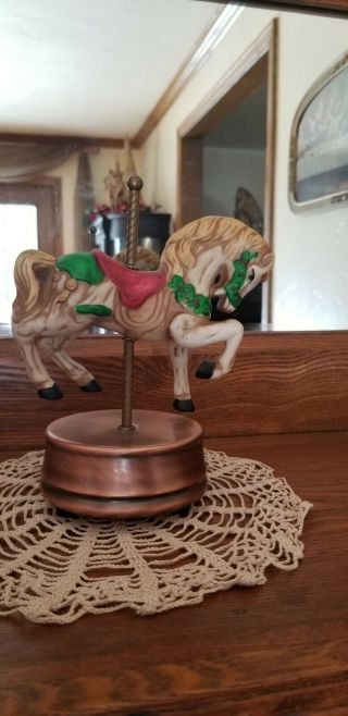 Vintage Porcelain Carousel Horse Music Box On Copper Plated Base