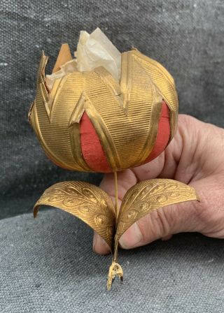Antique German Gold And Red 3 - D Dresden Tulip Candy Container Christmas Ornament