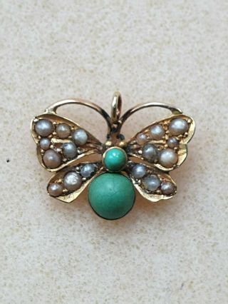 Antique,  Victorian Natural Turquiose & Seed Pearls Butterfly Pendant,  9 Ct Gold