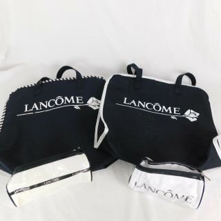 Vintage Lancome Paris Set Of 2 Cloth Cosmetic Tote Bag Travel Case & 2 Small Bag
