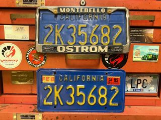 1995 California License Plate Pair 2k35682 With Ostrom Frame