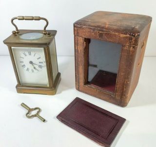Antique Brass / Glass Carriage Clock With Leather Travel Case & Key