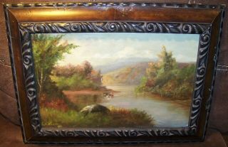 1889 Antique Ga Wilcox Hudson River School Oil Canvas Painting Cows In River