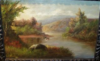 1889 ANTIQUE GA WILCOX HUDSON RIVER SCHOOL OIL CANVAS PAINTING COWS IN RIVER 2