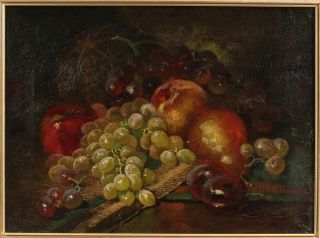 19thC Antique American Fruit Still Life Oil Painting,  Grapes Plum Pear Apple, 2