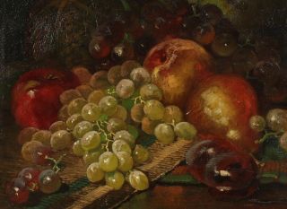 19thC Antique American Fruit Still Life Oil Painting,  Grapes Plum Pear Apple, 3