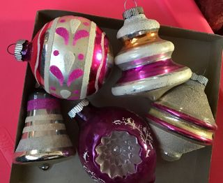 5 Vintage Shiny Brite Atomic Glass Ornaments Sugared Pink Purple Stencil Indent