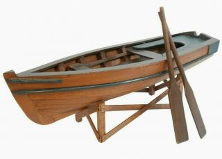 Mid - 20th C American Vint Hndmade/pntd Wooden Model Rowboat/paddles/dry Dock Base