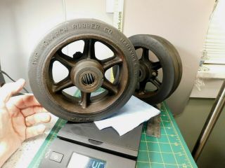 2 - Vtg.  8 ",  X 2 1/2 " Spoke Steel Cart Wheels W/solid Rubber Monarch Rubber Tires